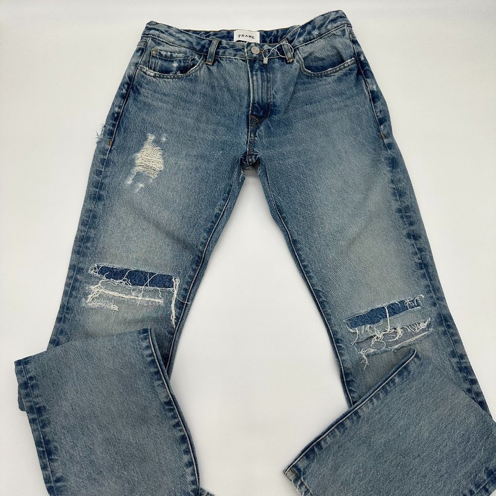 Frame Blue Low Rise Boot Cut 'The Pixie' Jeans 100% Cotton Distressed Patchwork